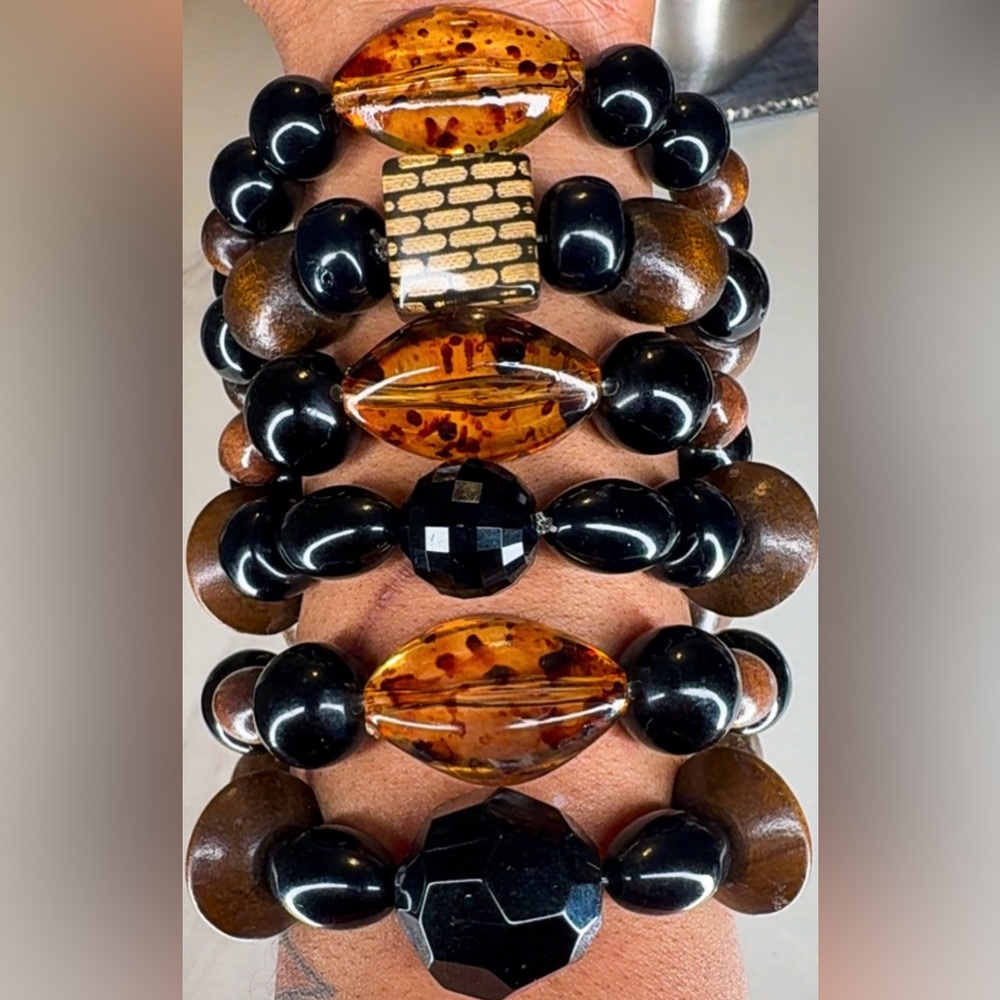 Beaded Black and Brown Wooden and acrylic Stretch Bracelet Set